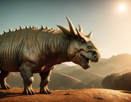 The image shows a large, prehistoric-looking dinosaur standing on a rocky hillside, looking out at the horizon.
