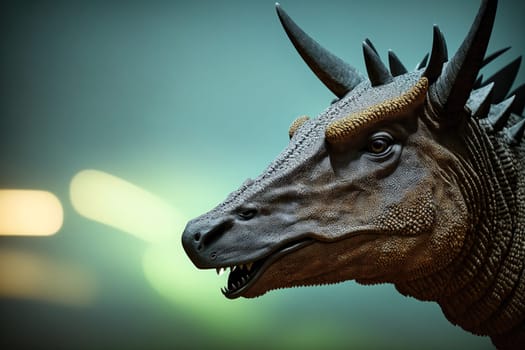 The image is a sculpture of a large, fierce-looking dinosaur with sharp horns on its head and a long tail.