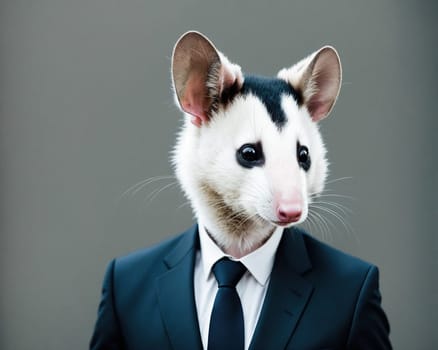 The image shows a rat wearing a suit and tie standing in front of a gray background.