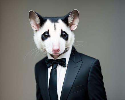 The image is of a rat wearing a tuxedo, standing in front of a white background.
