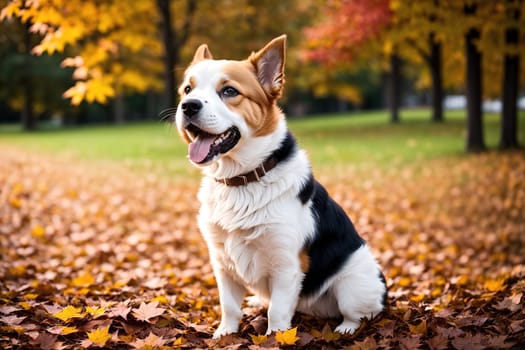 The image shows a black and white dog sitting on the grass in a park with fall leaves in the background.