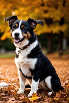 The image shows a black and white dog sitting on a pile of leaves, looking up at the camera with its brown eyes.