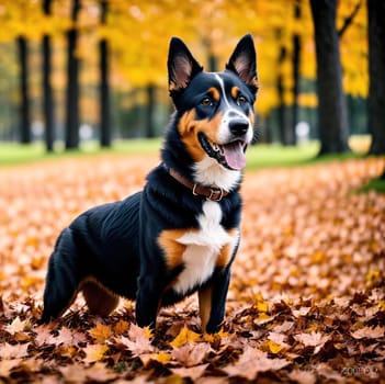 The image shows a black and tan dog standing in the leaves of a forest, looking up at the camera with its tongue hanging out.