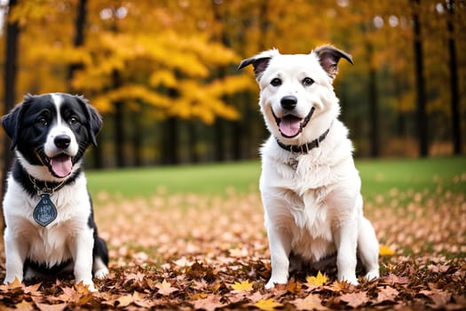The image shows two black and white dogs sitting on the grass in front of a pile of leaves.