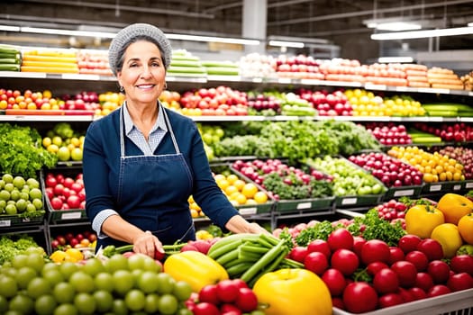 The image shows a woman standing in a grocery store aisle surrounded by various fruits and vegetables.