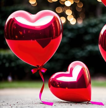 The image shows a group of red balloons with hearts on them floating in the air.