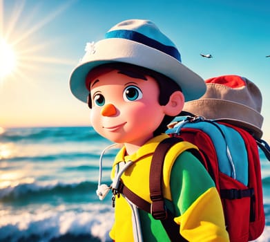 The image shows a young boy wearing a backpack and standing on the beach, looking out at the ocean.
