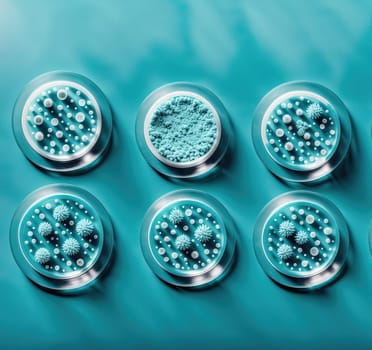The image is a group of six glass vials filled with different colored liquids, arranged in a row on a blue background.