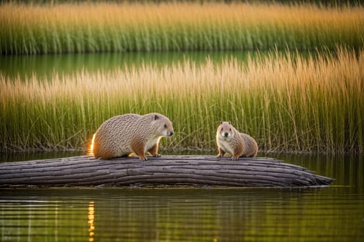 The image shows a mother capybara sitting on a log in the middle of a body of water, looking out at the horizon.