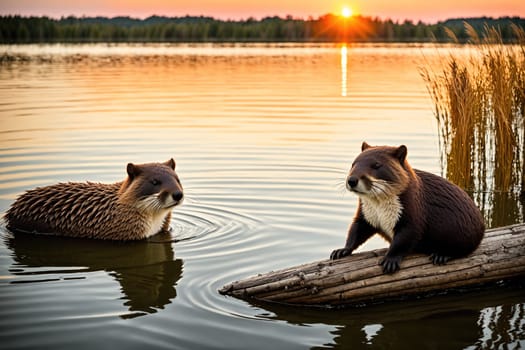 The image shows two beavers sitting on a log in the middle of a lake, looking out at the sunset.