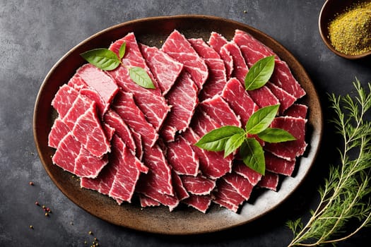 The image shows a plate of sliced beef with herbs and spices on a dark background.