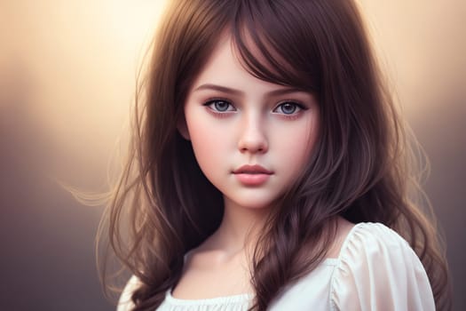 The image depicts a young girl with long, curly brown hair wearing a white dress and looking directly at the camera with a serious expression.