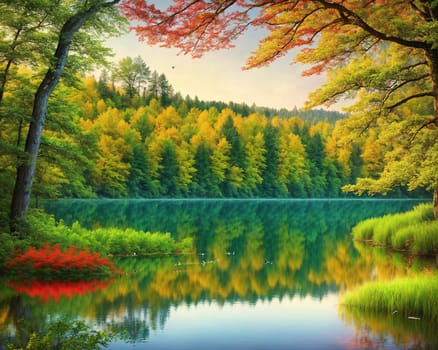 The image depicts a serene lake surrounded by colorful autumn trees, with a reflection of the trees in the water.