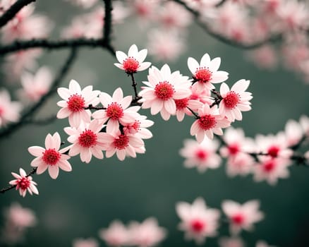 The image shows a group of pink cherry blossoms hanging from a branch in a misty, foggy environment.