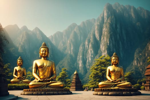 The image shows a group of buddha statues sitting in a park surrounded by mountains and trees.
