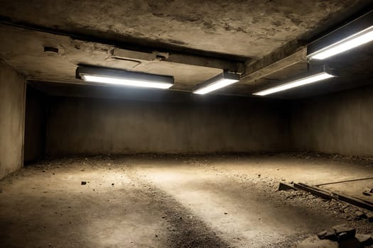 The image is a dark and empty room with concrete walls and a ceiling.