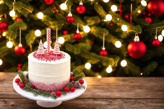The image is a white cake with red sprinkles on top, sitting on a wooden table in front of a Christmas tree with ornaments hanging from the branches.