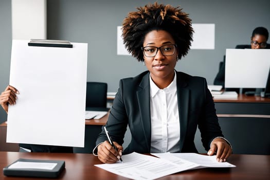 The image shows a woman sitting at a desk in an office, holding a pen and looking at a piece of paper with a serious expression.
