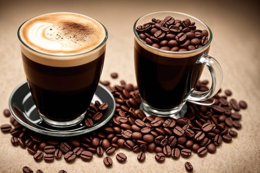 The image shows two cups of coffee and a pile of coffee beans on a wooden surface.