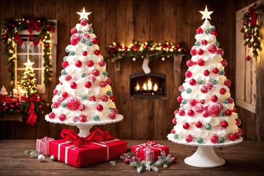 The image depicts a Christmas scene with a Christmas tree, presents, and a fireplace in the background.