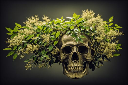 The image is a skull with a crown of leaves and vines growing out of its mouth.