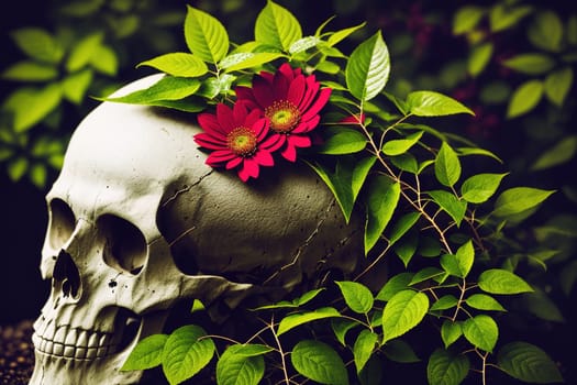 The image depicts a skull with flowers growing out of it, surrounded by green foliage.