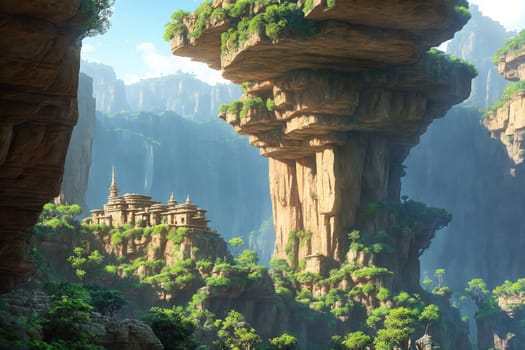 The image depicts a scenic landscape with towering rock formations, lush greenery, and a small village nestled in the valley below.