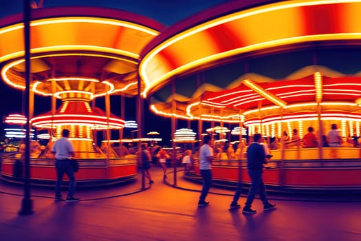 The image shows a group of people walking through a carnival at night, with colorful lights and rides in the background.