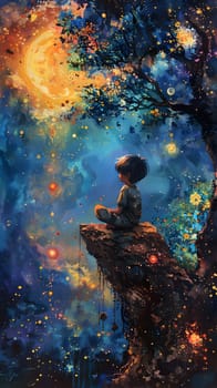 A painting of a young fictional character sitting on a rock under a tree, depicted in vibrant electric blue tones with intricate patterns, evoking a sense of darkness and mystery