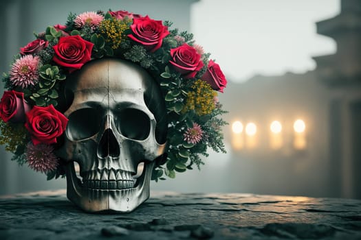 The image is a skull with a wreath of red roses around its head, sitting on a table in a dimly lit room.