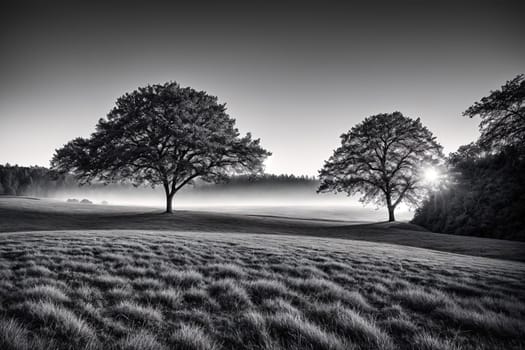 The image shows a misty, foggy landscape with trees in the foreground and a path leading to the horizon in the background.