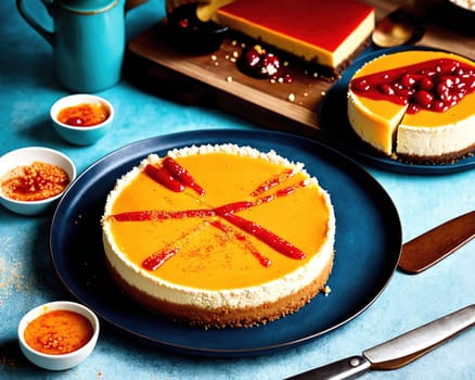 The image shows a plate with three slices of cheesecake on it, each topped with a different type of fruit sauce.