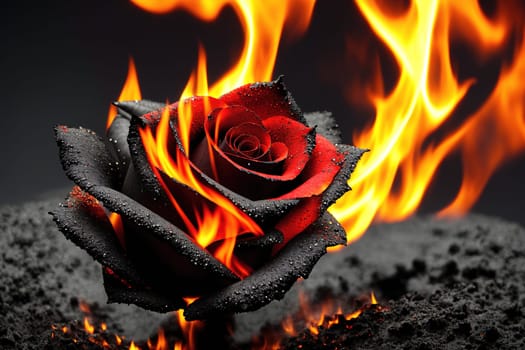 The image shows a red rose with flames coming out of its petals.