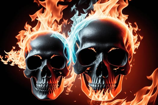 The image depicts two skulls with flames coming out of their mouths, surrounded by a dark background.