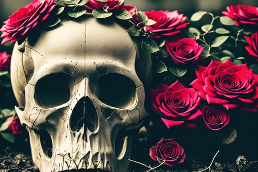 The image depicts a skull surrounded by roses and other flowers, creating a macabre and eerie atmosphere.