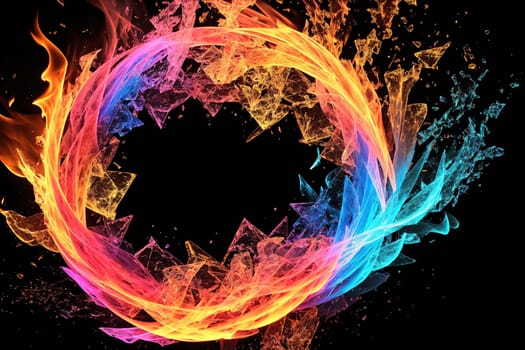 The image is a colorful, abstract representation of a circle made up of swirling, flaming lines.