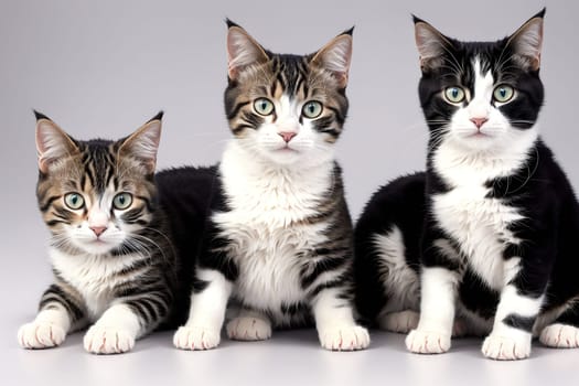 The image shows three kittens sitting in a row, each one looking at the camera with their big brown eyes.