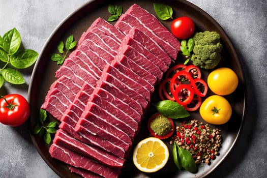 The image shows a plate of sliced beef with vegetables and herbs arranged around it.