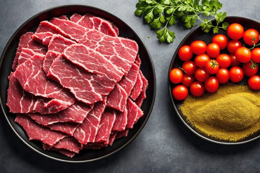 The image shows a plate of raw meat, including steak, chicken, and pork, surrounded by various herbs and spices, including tomatoes, onions, and garlic.