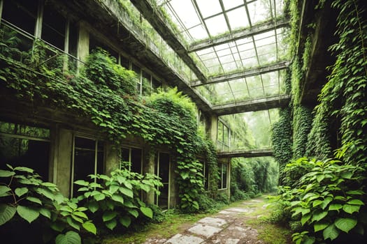 The image shows a dilapidated, abandoned building with overgrown greenery growing through the windows and walls, creating a haunting and eerie atmosphere.