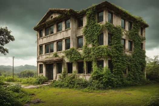 The image shows an old, abandoned building with overgrown vines and ivy covering the walls and windows, giving it a haunting and abandoned appearance.