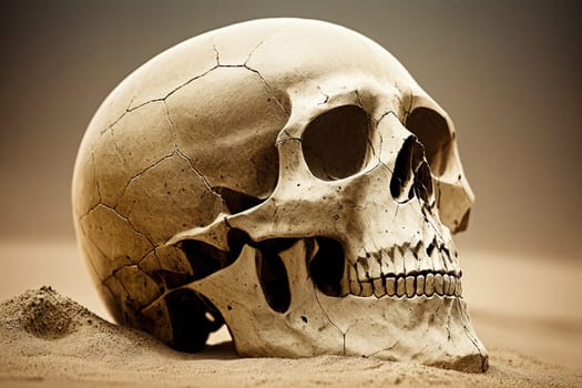 The image is a close-up of a skull buried in the sand with the sun setting in the background.