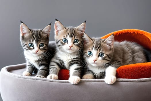 The image shows three kittens sitting in a cat bed, looking up at the camera with their blue eyes.