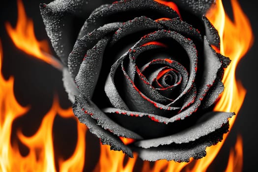The image is a black and white photograph of a rose with flames coming out of its petals.