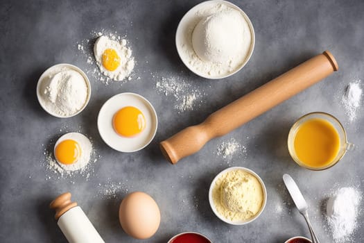 The image shows various ingredients and utensils on a marble surface, including flour, sugar, eggs, and measuring cups.