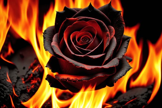 The image shows a burning rose in the center of a fire.