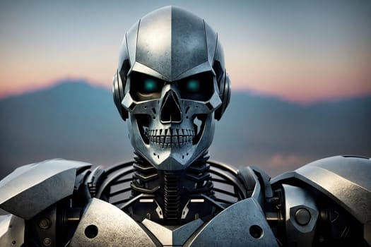 The image shows a humanoid robot with a metallic body and glowing red eyes.