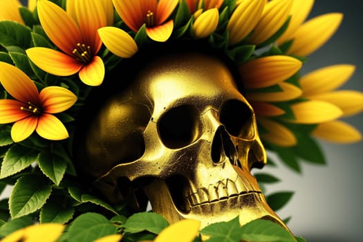 The image depicts a sunflower wreath surrounding a skull with a crown of flowers on its head.