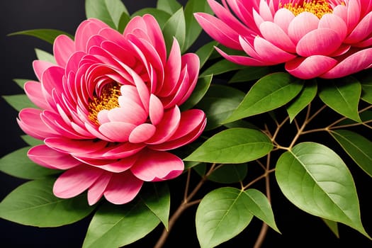 The image depicts two pink flowers with delicate petals and green leaves.