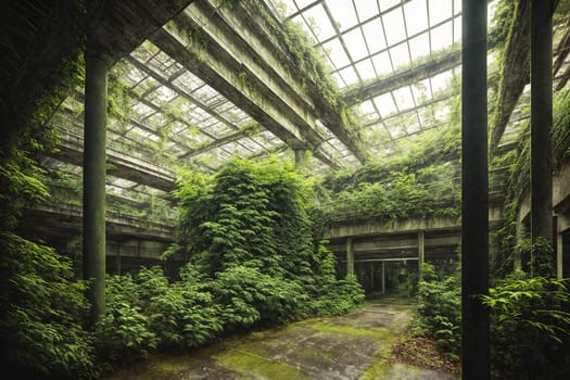 The image shows a large, abandoned building with a greenhouse in the center, surrounded by overgrown plants and trees.
